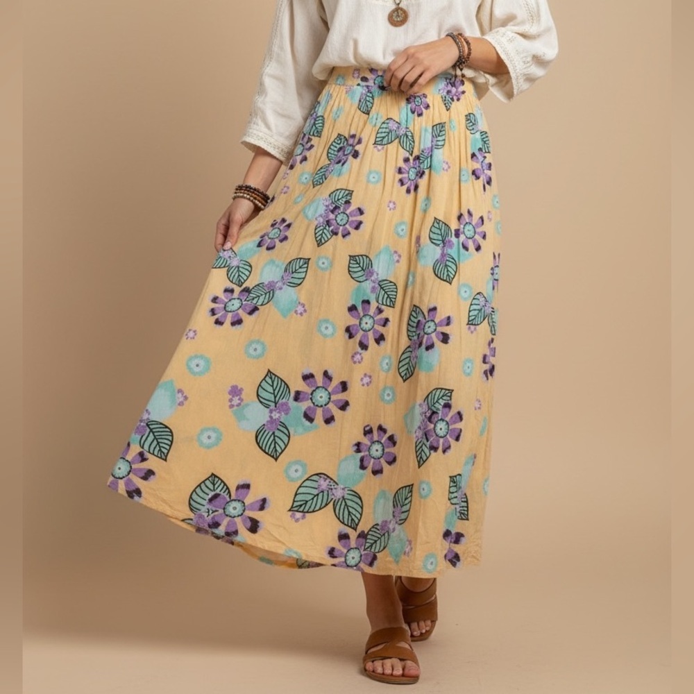 vintage 90s yellow cream purple floral maxi skirt cottagecore grandmacore spring